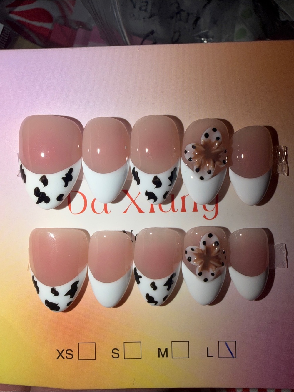 Nude Pink & White Cow Print Press-On Nails with 3D Flower Accent